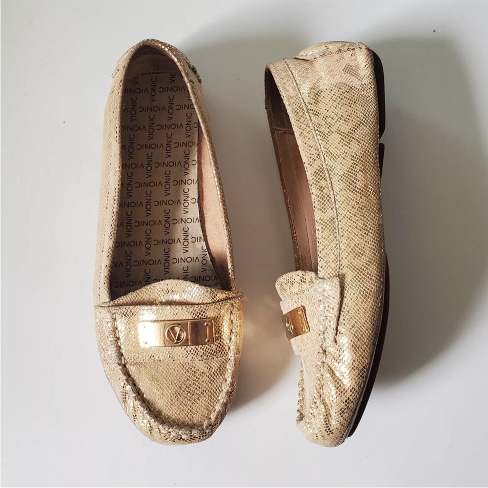 Vionic Sydney Gold Metallic Snakeskin Print Driving Loafers Slip On Orthotic 8.5